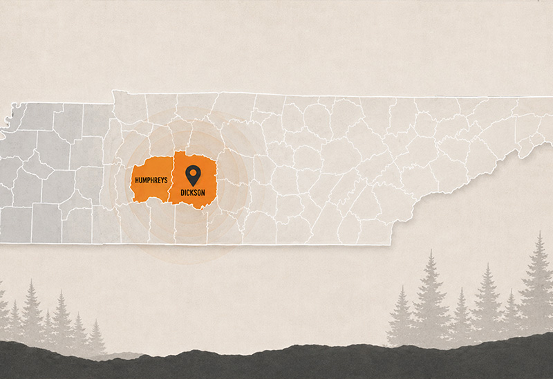 Map showing Legacy Dirt Works' service area in Dickson and Humphreys counties, Middle Tennessee